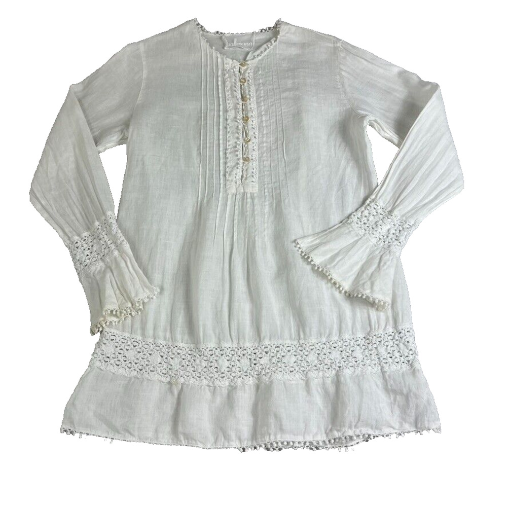 Wallmann Tunic Blouse Top Womens 36 White Crochet Pleat Long Sleeve